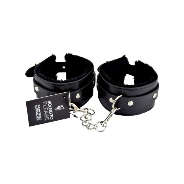 Catuse erotice Bound to Please - Plush Wrist Cuffs, din piele cu puf pentru o purtare conforabila, Neagra