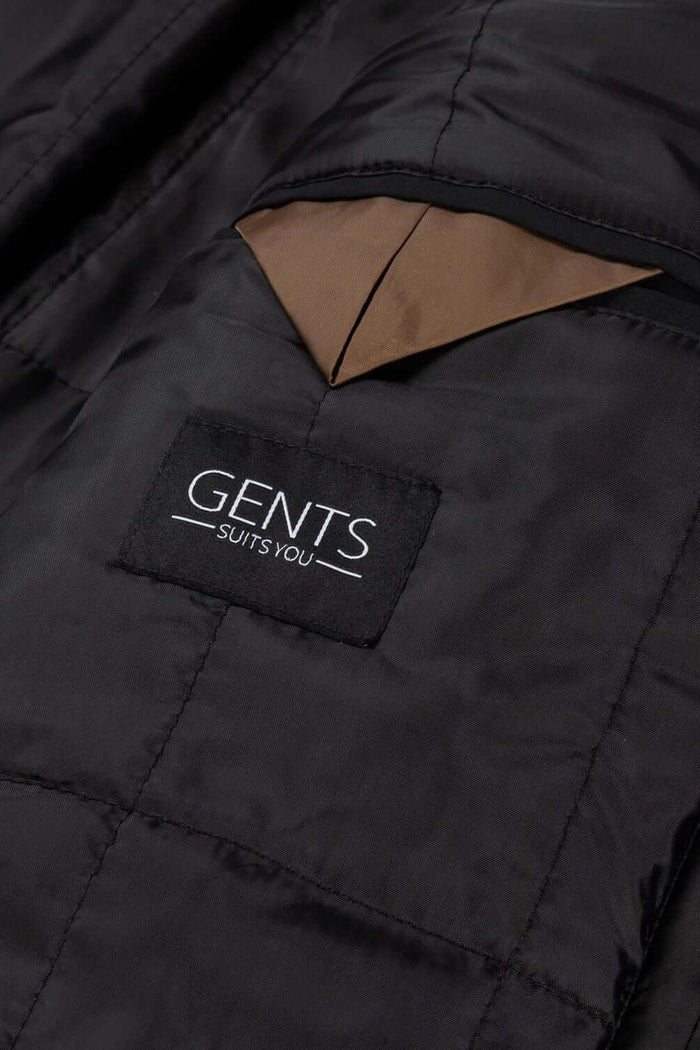 Coat houndstooth windvanger zwart-grijs close-up of inner lining and pocket detail.