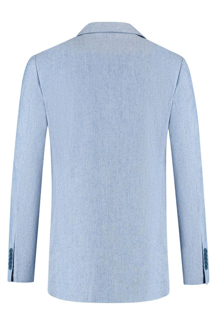 Colbert melange blauw achterkant van het colbert met comfortabele stof en elegante uitstraling.