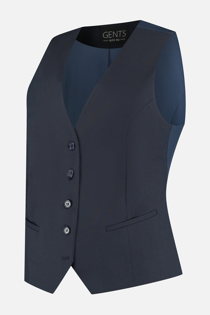 Damesgilet comfort stretch blauw, kantoor- en casualgilet met knopen en zakken in blauw.