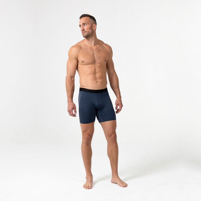 The REP Fitness Men's Foris Boxer Brief in Heather Navy front, full body