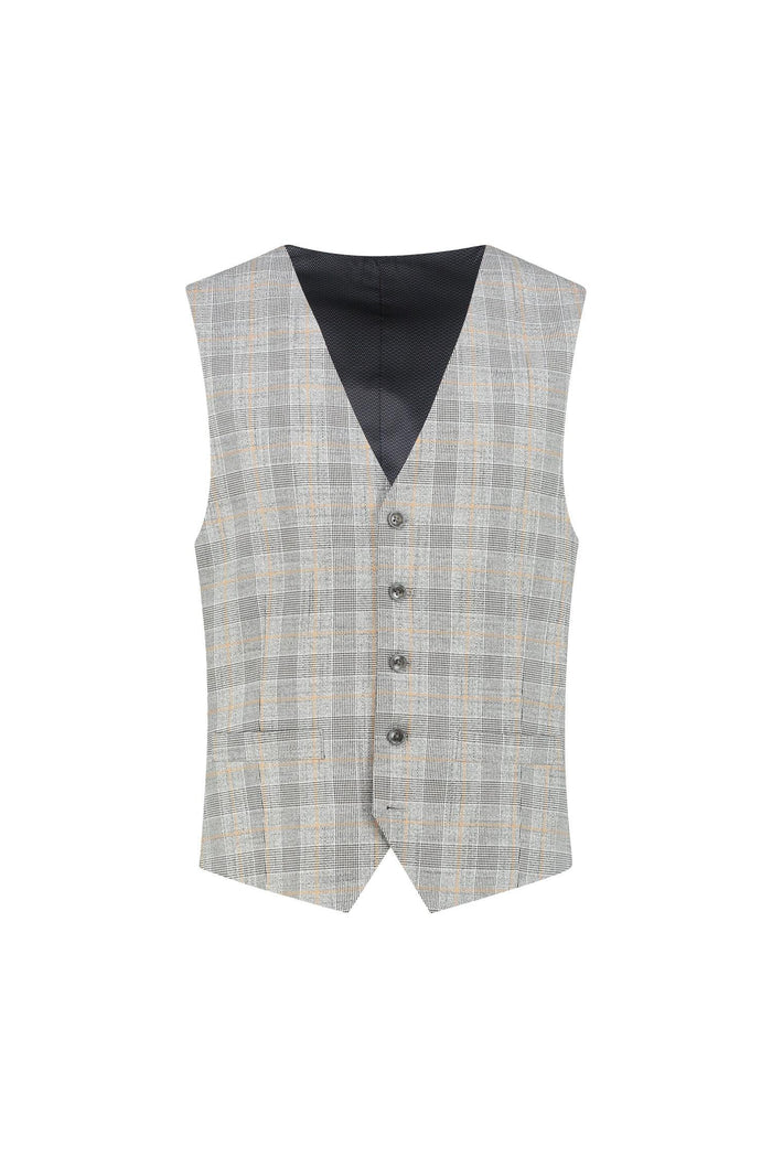Gilet overruit grijs-brique met overruitenpatroon en knoopsluiting, perfect voor elke gelegenheid.