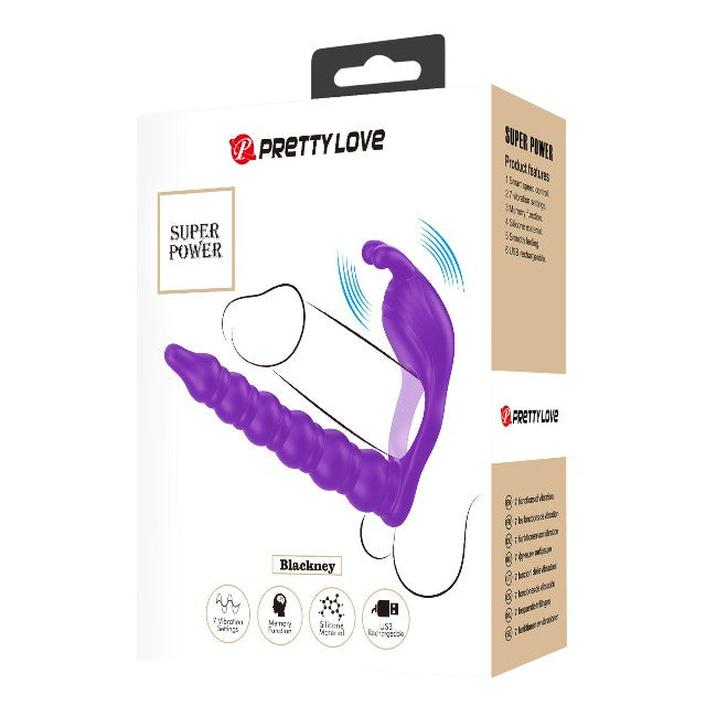 Inel vibrator pentru penis cu dildo PRETTY LOVE Blackney, pentru dublă penetrare, 7 funcții de vibrație, din silicon, mov