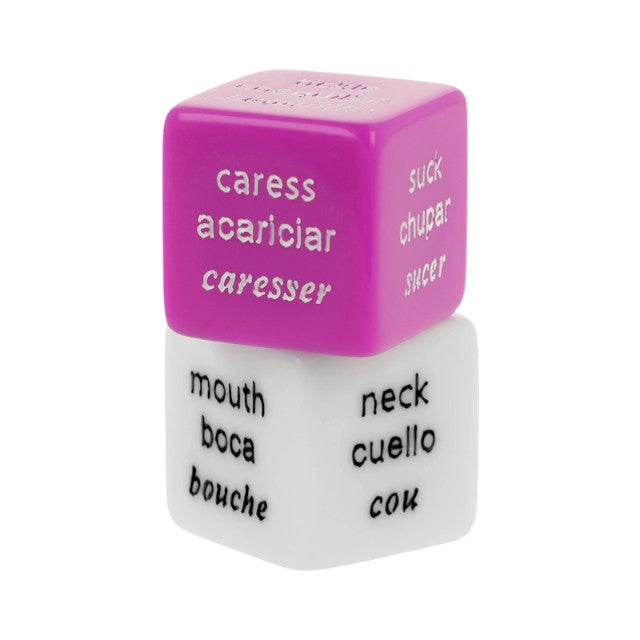Joc erotic pentru cupluri COVERME Erotic Dice, include 2 zaruri cu provocări și părți ale corpului, culoare alb/mov