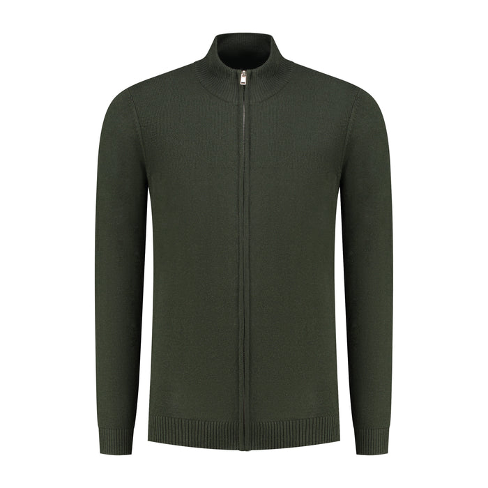 Joseph knit cardigan Donkerbruin - groene cardigan met volledige ritssluiting, gemaakt van wol-acryl voor warmte.