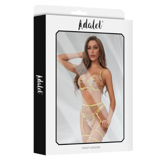 Lenjerie sexy 4 piese ADALET Zoey, Sutien + Chilot tanga + Portjartier + Jartiere, galben cu dantelă florală, mărime L/XL