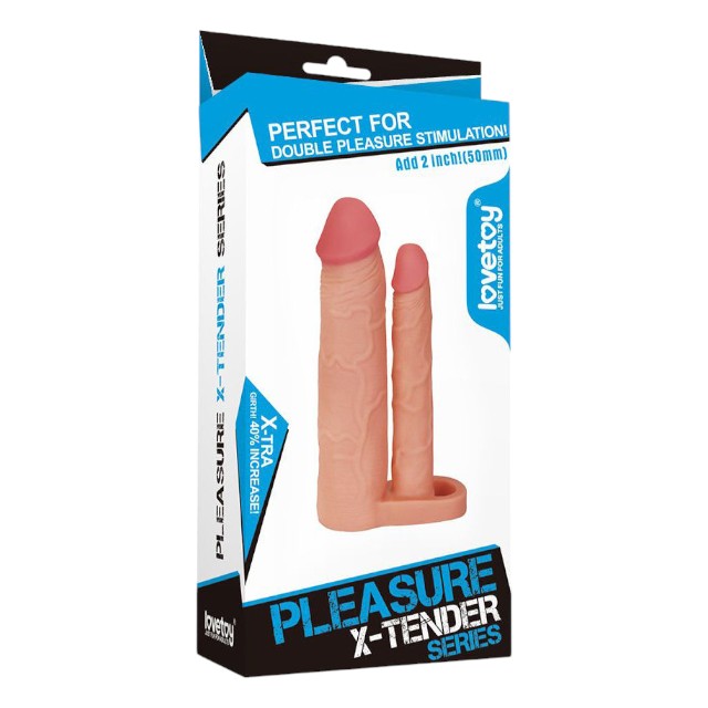 Manșon pentru extensia penisului LOVETOY Double Pleasure X-Tender, cu dildo pentru dublă penetrare, culoarea pielii