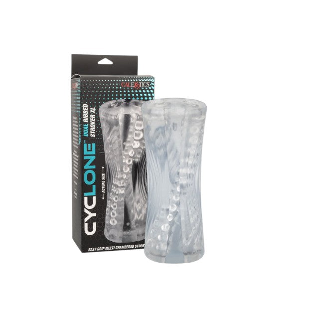 Masturbator dublu CALEXOTICS Cyclone Dual Ribbed Stroker XL, din TPE, cu texturi variate, lungime 24.25 cm, transparent