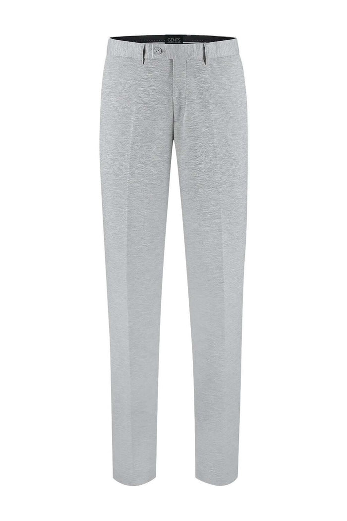 Pantalon stretch pique melange grijs, grijze melange stretchbroek biedt comfort en veelzijdigheid.