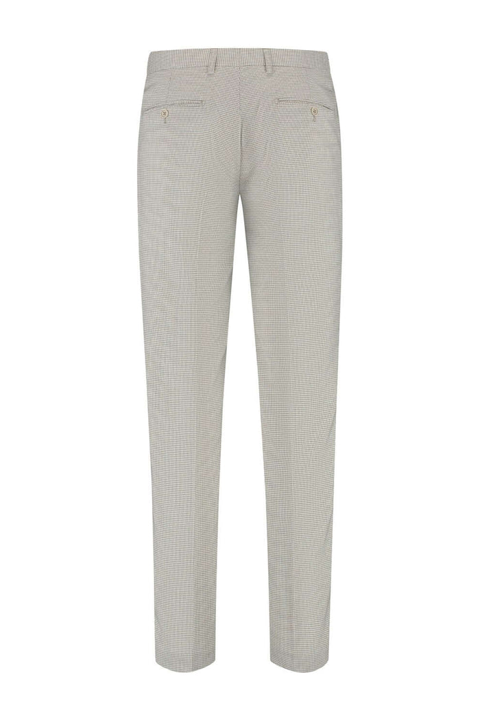 Pantalon pied-de-poule beige met kenmerkende structuur en kwaliteit.