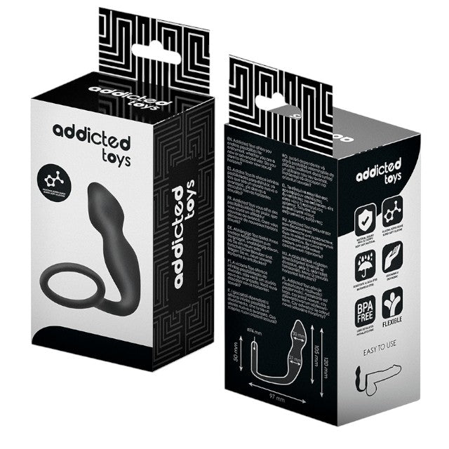 Plug anal cu inel pentru penis ADDICTED TOYS Anal Plug with Ring Model 2, diametre 2.7 - 3 cm, din silicon, negru
