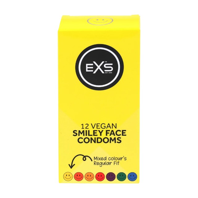 Prezervative EXS Smiley Face Condoms, design multicolor cu zâmbet, din latex, diametru 54 mm, 12 bucăți