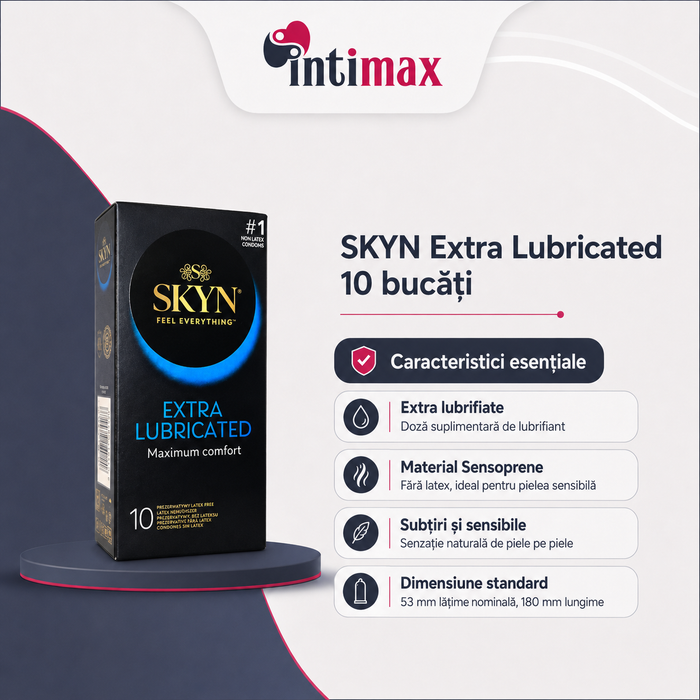 Prezervative MANIX Skyn Extra Lube, fără latex, extra-lubrifiate, subțiri și rezistente, diametru 53 mm, 10 bucăți