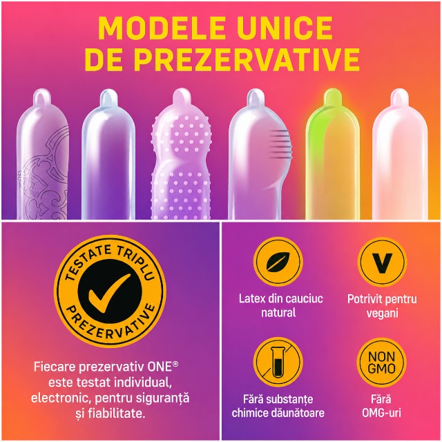 Prezervative ONE Mixed Pleasures, din latex Sensatex, set cu 6 tipuri de prezervative, diametru 53 mm, 12 buc