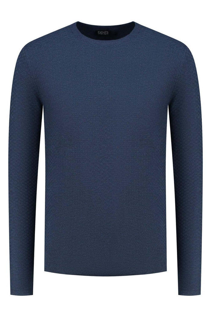 Ronde hals structuur denim, moderne denim trui met ronde hals en duidelijke structuur.