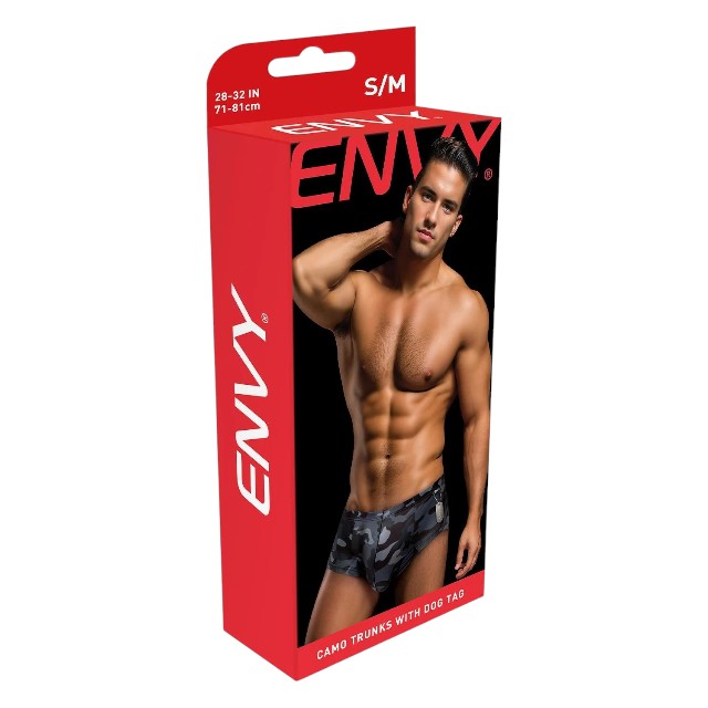 Slip de înot bărbați ENVY Camo Trunks with Dog Tag, design camuflaj cu colier de soldat, gri închis și negru, mărime S/M