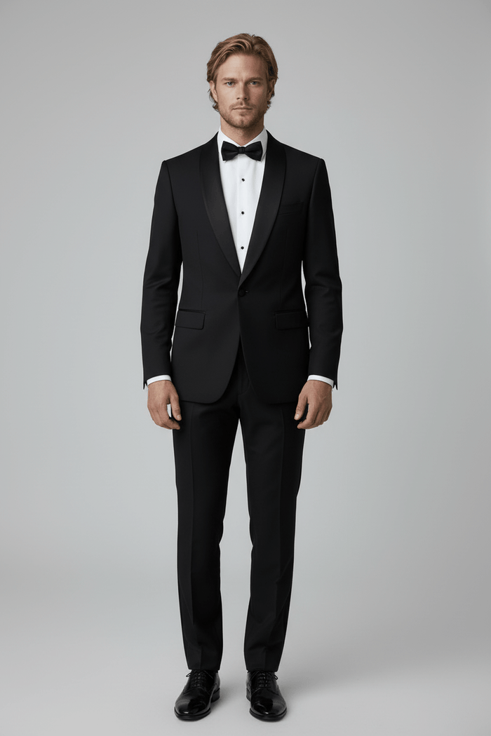 Smoking compleet - wolblend worn by a man in a tuxedo with refined tailoring and subtle detailing.