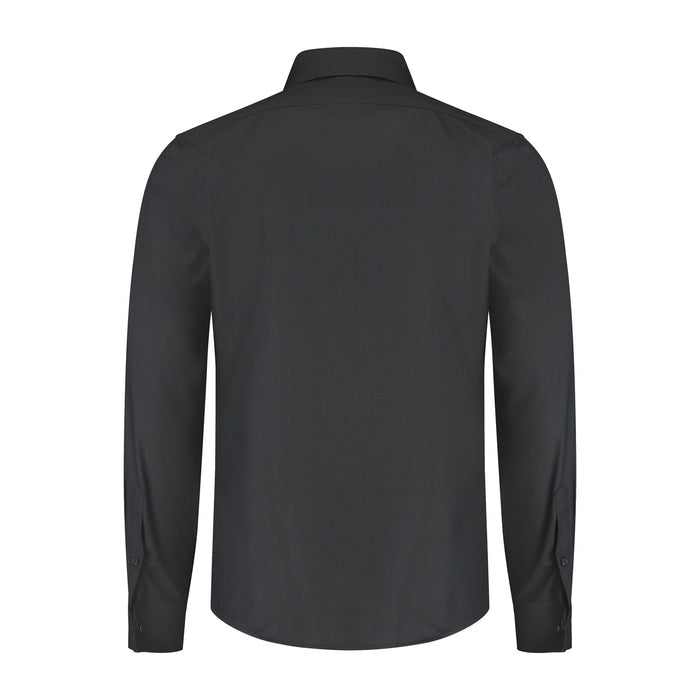 A view of the back of a Smoking overhemd plat glad zwart, featuring a sleek design and hidden button closure.