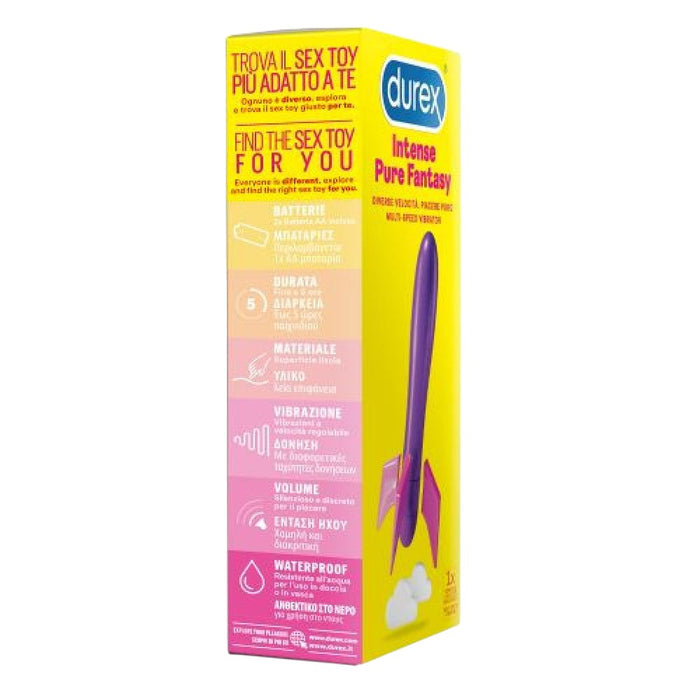 Stimulator clitoris DUREX Intense Pure Fantasy, cu vibrații multiple, rezistent la apă, lungime 15 cm, alb cu mov