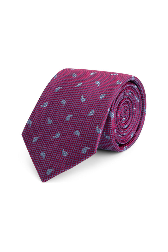 Stropdas zijde print paisley pattern roze-blauw, luxe zijden stropdas met mooie textuur en paisley design.