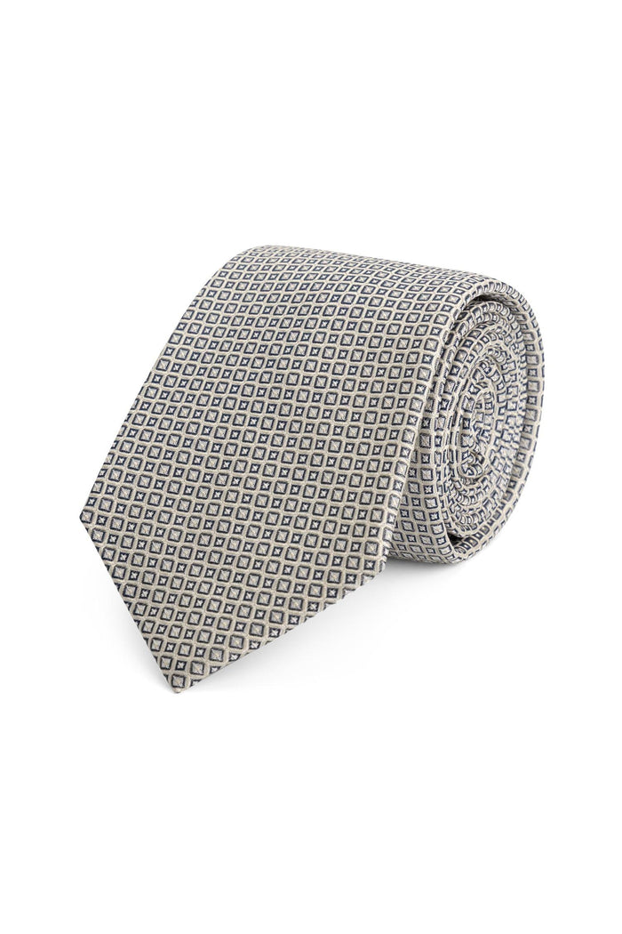 Stropdas zijde print ruit zilver-blauw, stijlvolle zijde stropdas met modern ruitpatroon.