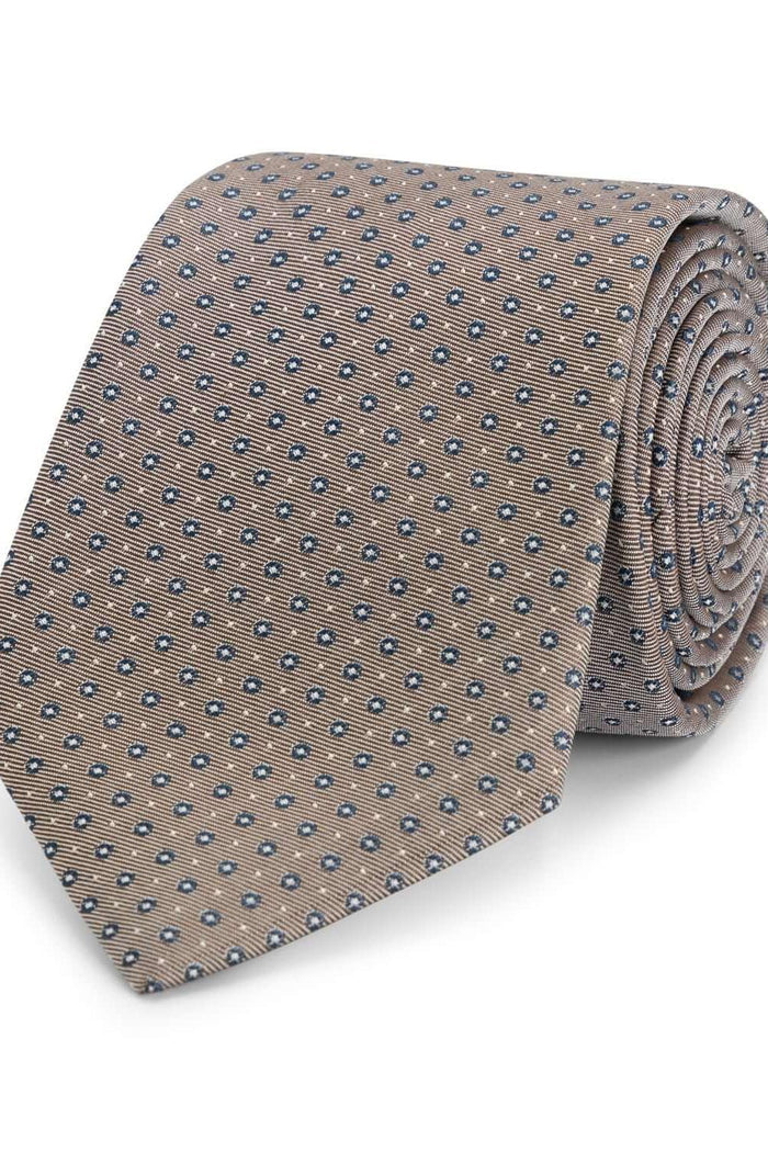 Stropdas zijde stippel bruin, elegante bruine zijde stropdas met microstippelpatroon en glans.