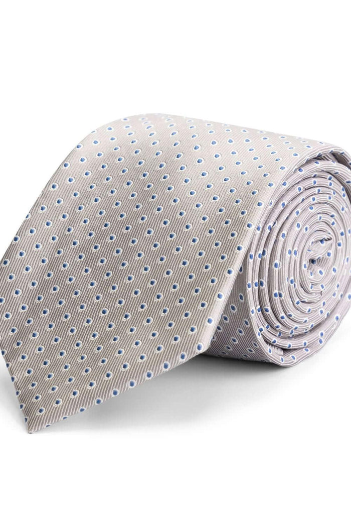 Stropdas zijde elegante lichtgrijze zijde stropdas met subtiel patroon en blauwe stippen.