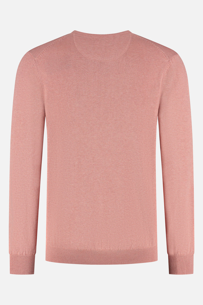 Trui ronde hals katoen roze, achterkant van de trui in zachte roze kleur, perfecte casual stijl.