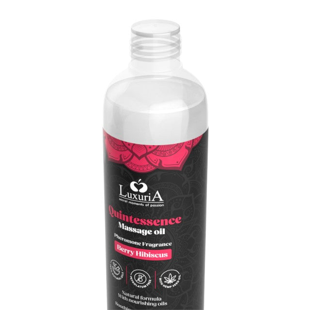 Ulei de masaj LUXURIA Quintessence Berry Hibiscus, cu vitamina E și feromoni, cu aromă de zmeură și hibiscus, 150 ml