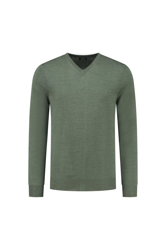 V-neck merinoblend groen, zachte groene trui met lange mouwen en ribboorden.
