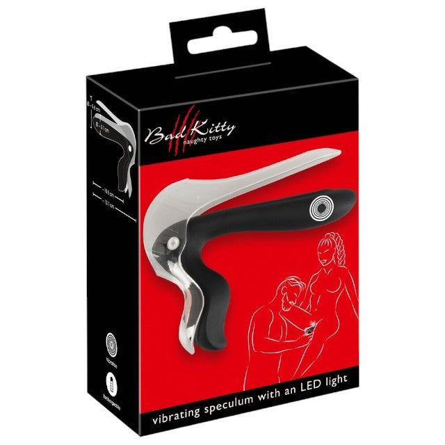 Vibrator BAD KITTY Vibrating Speculum, în formă de specul cu lumină LED, 10 funcții de vibrație, lungime 13.7 cm, negru