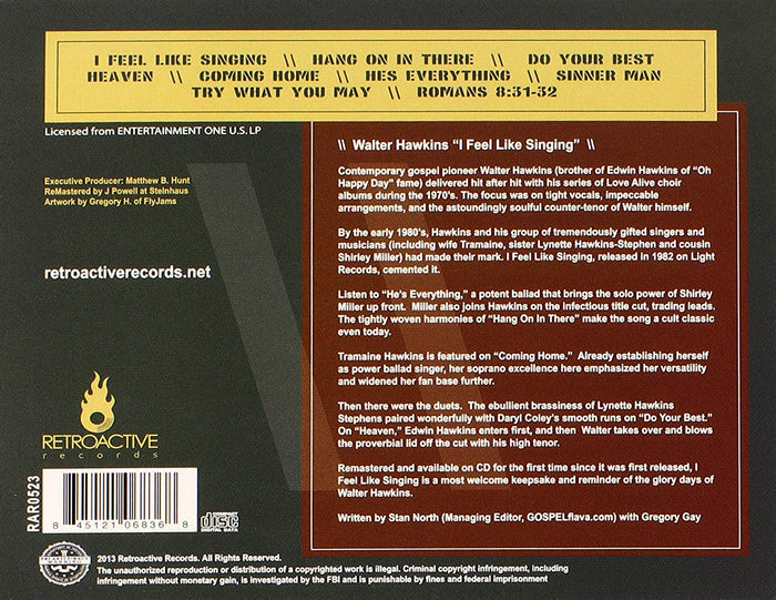 WALTER HAWKINS - I FEEL LIKE SINGING (*CD, 2013, Retroactive Records) Black Gospel King!