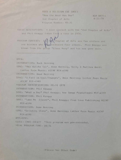2nd CHAPTER OF ACTS & PHIL KEAGGY - ROCK & RELIGION LP - AIR DATE 6/17/1079 & 6/24/1979 w clue sheet
