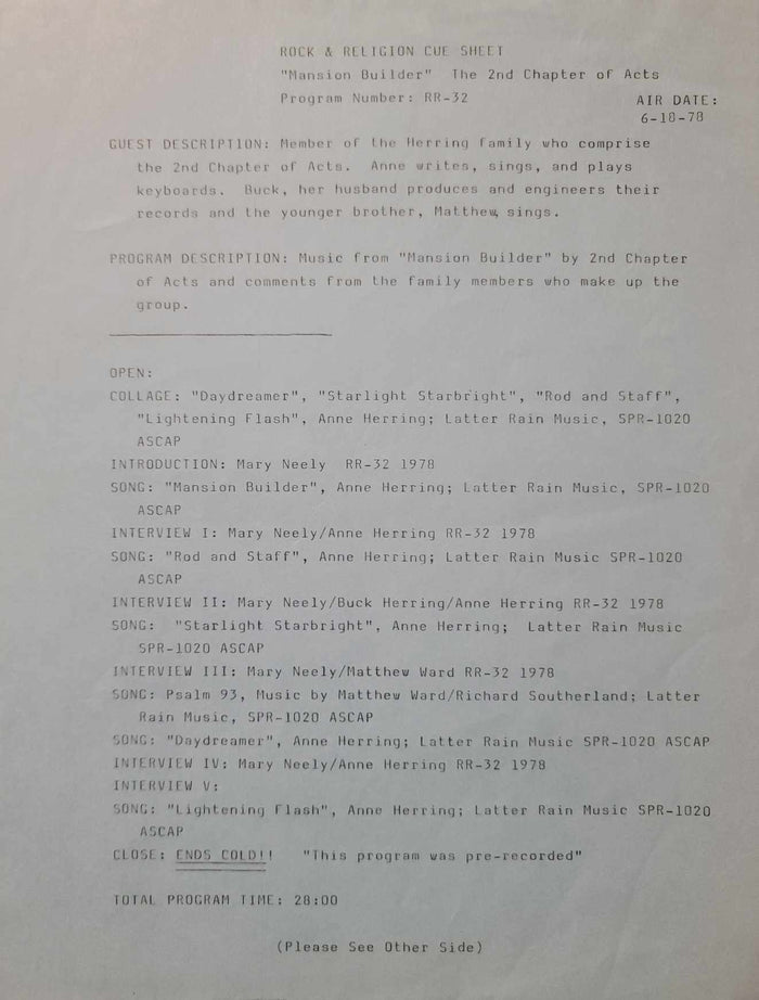 2nd CHAPTER OF ACTS & PHIL KEAGGY - ROCK & RELIGION LP - AIR DATE 6/17/1079 & 6/24/1979 w clue sheet