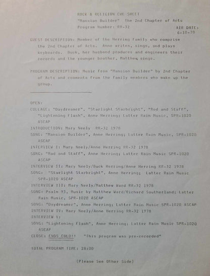2nd CHAPTER OF ACTS & PHIL KEAGGY - ROCK & RELIGION LP - AIR DATE 6/17/1079 & 6/24/1979 w clue sheet