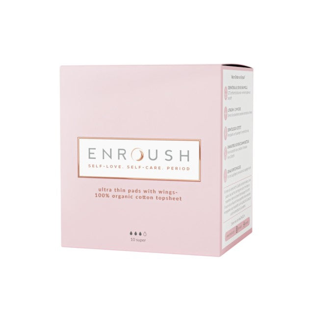 Absorbante ENROUSH Ultra Thin Pads Super, cu bumbac 100% organic, ultra-subțiri, pentru flux mediu, hipoalrgenice, 10 buc