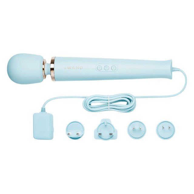 Aparat de masaj cu fir LE WAND Plug-In Vibrating Massager, pentru corp și zone intime, 16 funcții de vibrație, albastru