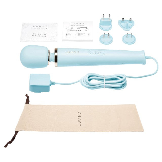 Aparat de masaj cu fir LE WAND Plug-In Vibrating Massager, pentru corp și zone intime, 16 funcții de vibrație, albastru