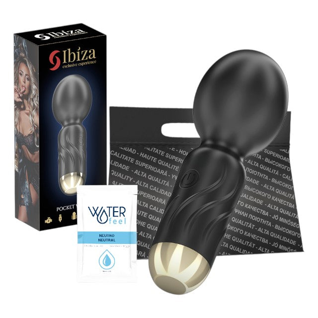 Aparat de masaj mini IBIZA Pocket Wand, 10 funcții de vibrație, lungime 11.5 cm, din silicon, rezistent la apă IPX5, negru