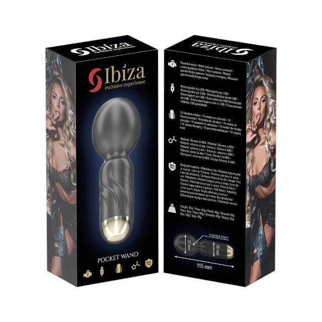 Aparat de masaj mini IBIZA Pocket Wand, 10 funcții de vibrație, lungime 11.5 cm, din silicon, rezistent la apă IPX5, negru