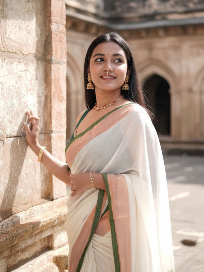 Indiehaat | Pure Mul Cotton Handloom Saree White