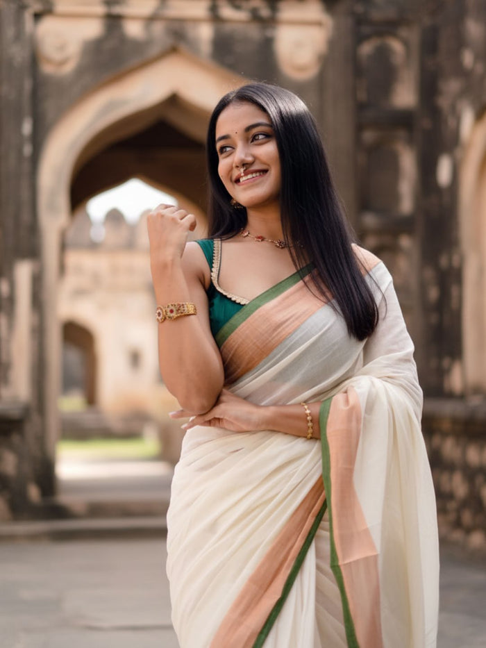 Indiehaat | Pure Mul Cotton Handloom Saree White