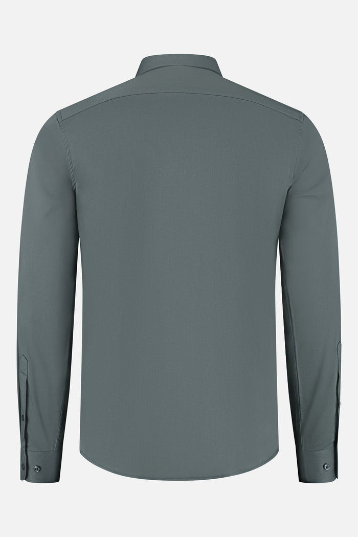 Back view of a Bamboe twill green shirt, showcasing its sleek design and quality fabric.