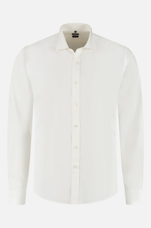 Bamboo twill off-white long-sleeve shirt with a classic collar and button front.