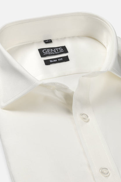 Bamboo twill off-white slim fit shirt collar and buttons close-up image.