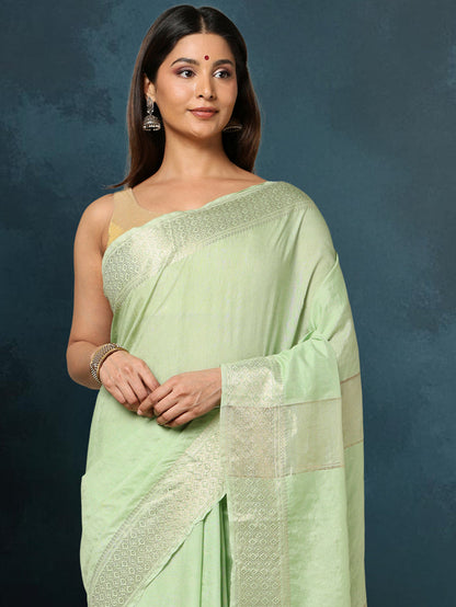 Indiehaat | Kota Silk Banarasi Border Hand Dyed Saree Green