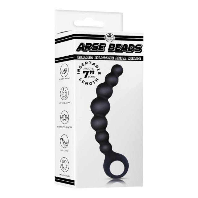 Bile anale NMC Arse Beads 7", design curbat cu inel de extracție, lungime 17.8 cm, din silicon, negru (635861)