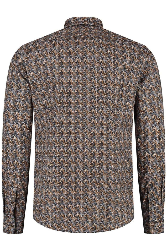 Bloemprint navy-bruin ML7 achteraanzicht van katoenen blouse met bloemprint en lange mouwen.