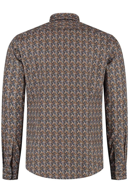 Bloemprint navy-bruin ML7 achteraanzicht van katoenen blouse met bloemprint en lange mouwen.