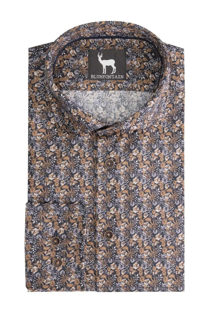 Bloemprint navy-bruin ML7 katoenen blouse met bloemprint en knoopsluiting.
